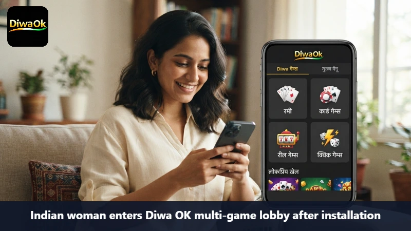 Indian woman enters Diwa OK multi-game lobby after installation