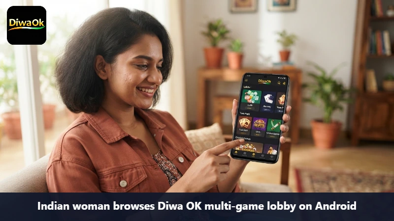 Indian woman browses Diwa OK multi-game lobby on Android